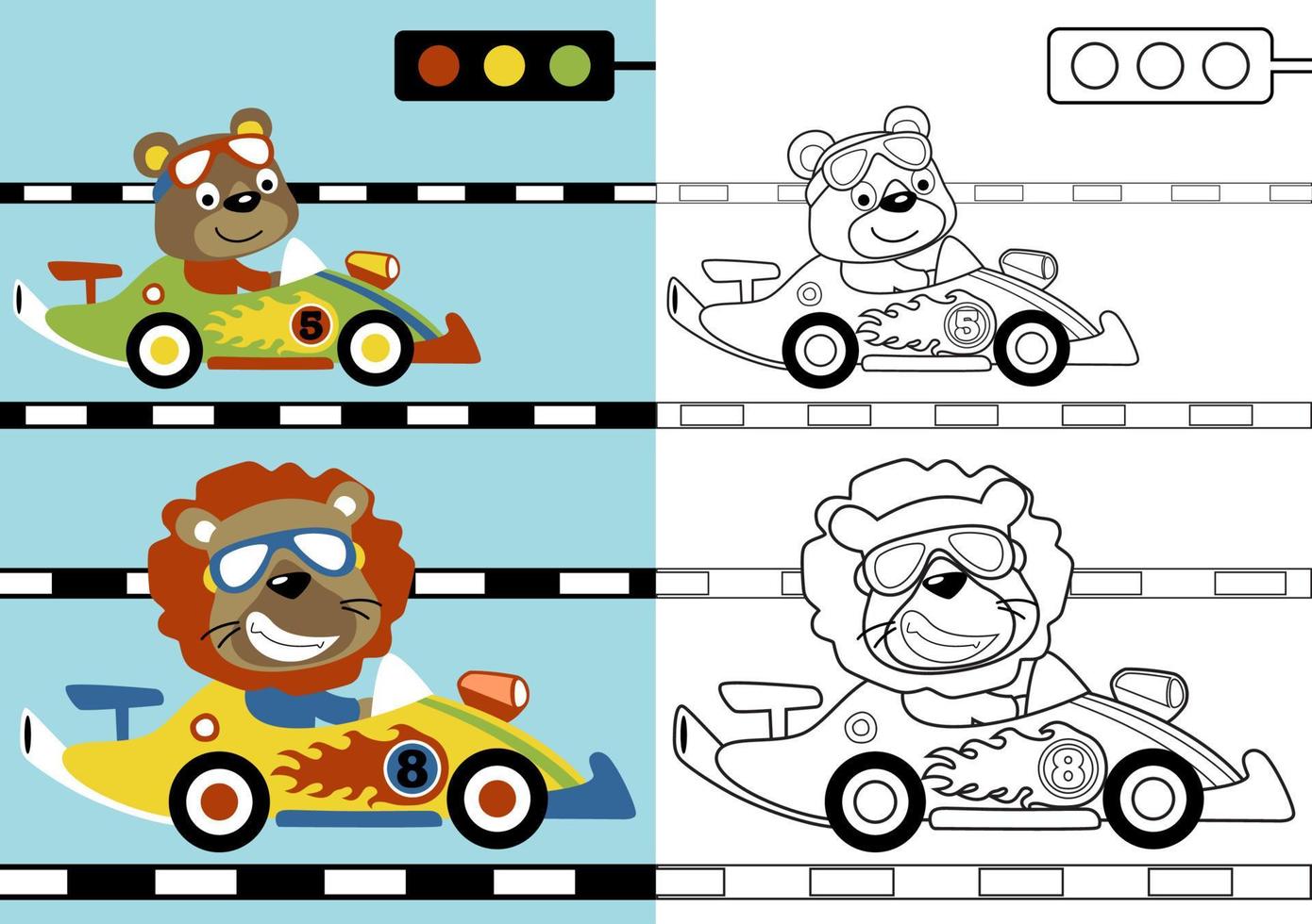 Vektor Karikatur von komisch Bär mit Löwe auf Rennen Auto, Färbung Seite oder Buch
