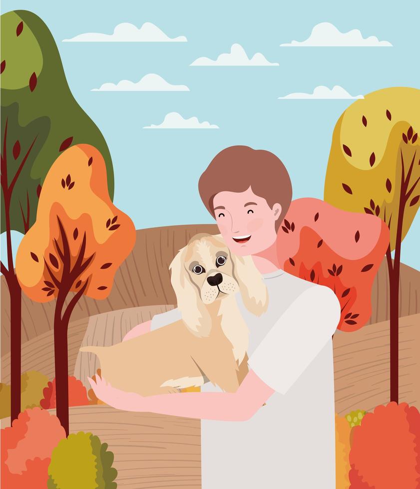 junger Mann mit niedlichem Hundemaskottchen im Herbstlager vektor