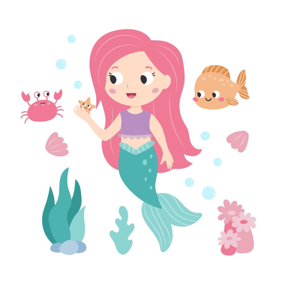 liten sjöjungfru med söt krabba och fisk på vit bakgrund. fe- berättelse. tecknad serie barns stil. sjöjungfru med rosa hår. platt vektor illustration.