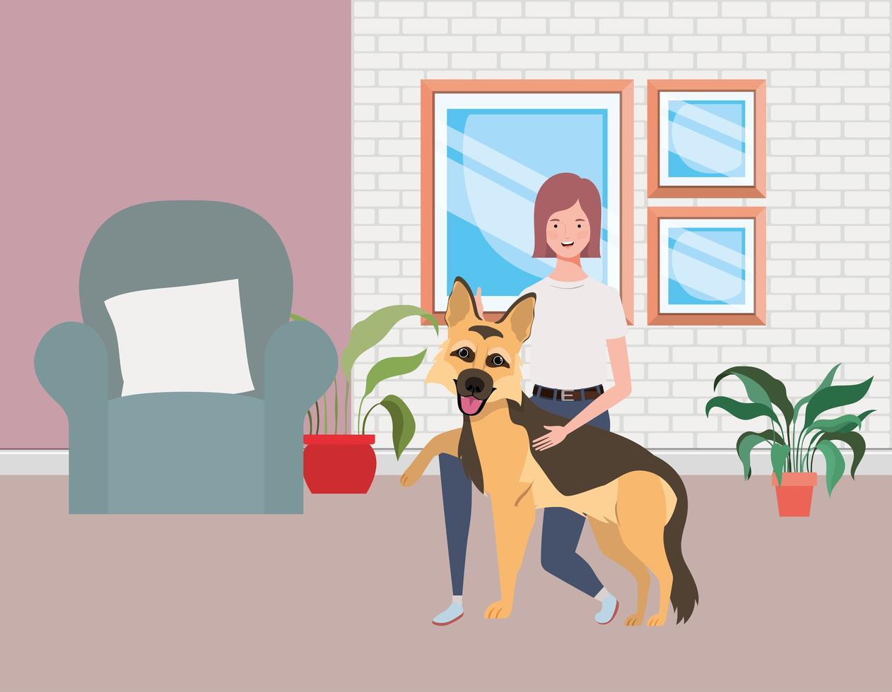 junge Frau mit niedlichem Hund im Wohnzimmer vektor