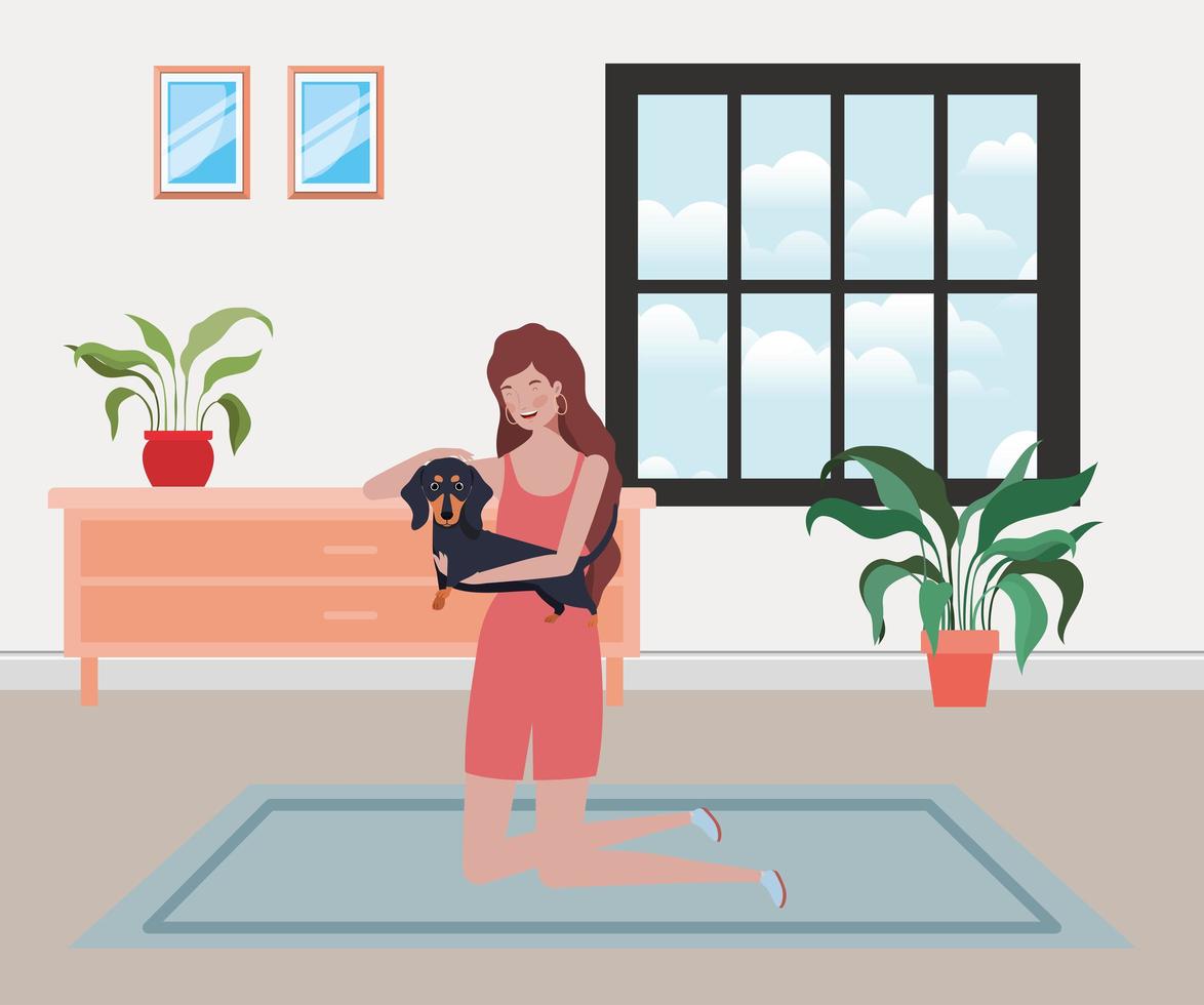junge Frau mit niedlichem Hund im Hauszimmer vektor