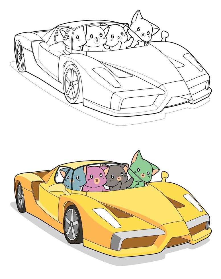 kawaii katter i superbil, tecknad målarbok för barn vektor