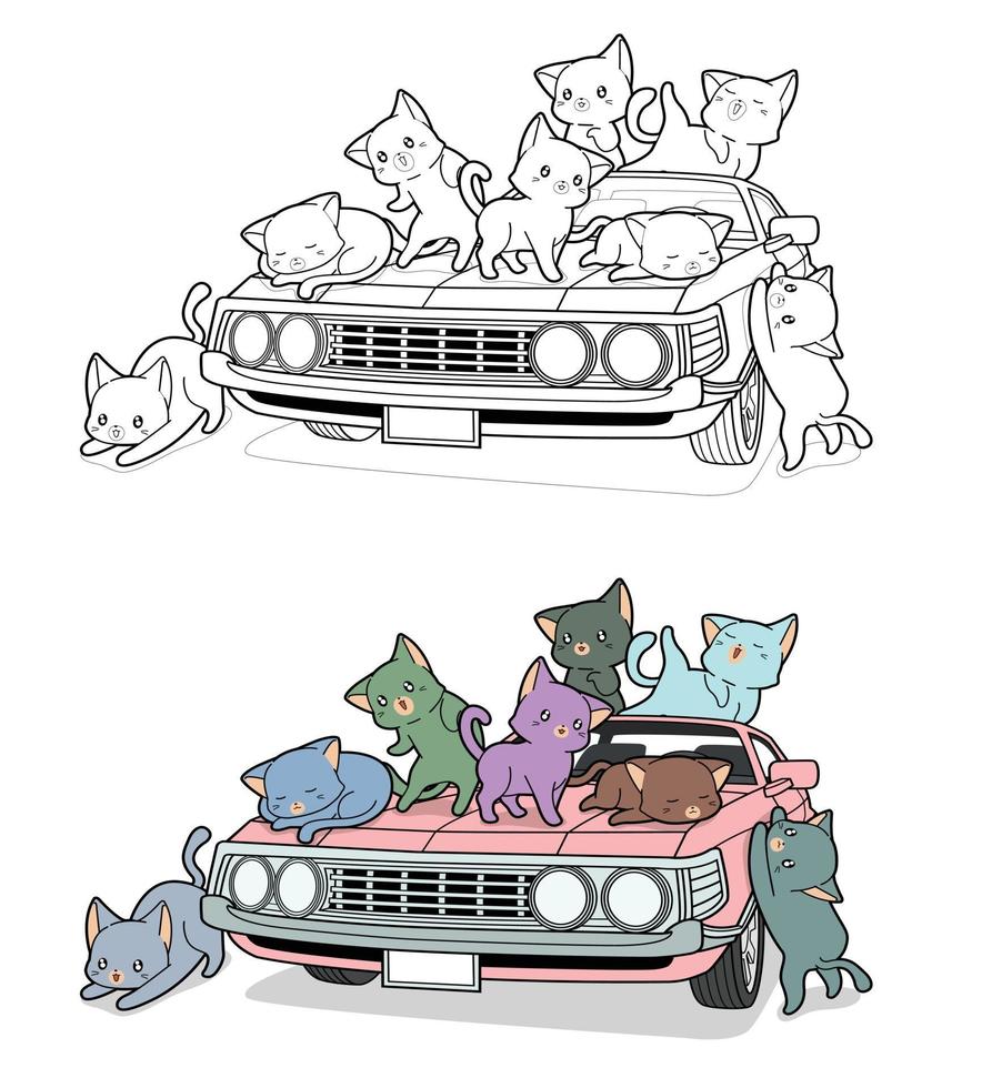 süße Katzen auf dem Auto, Cartoon Malvorlagen für Kinder vektor