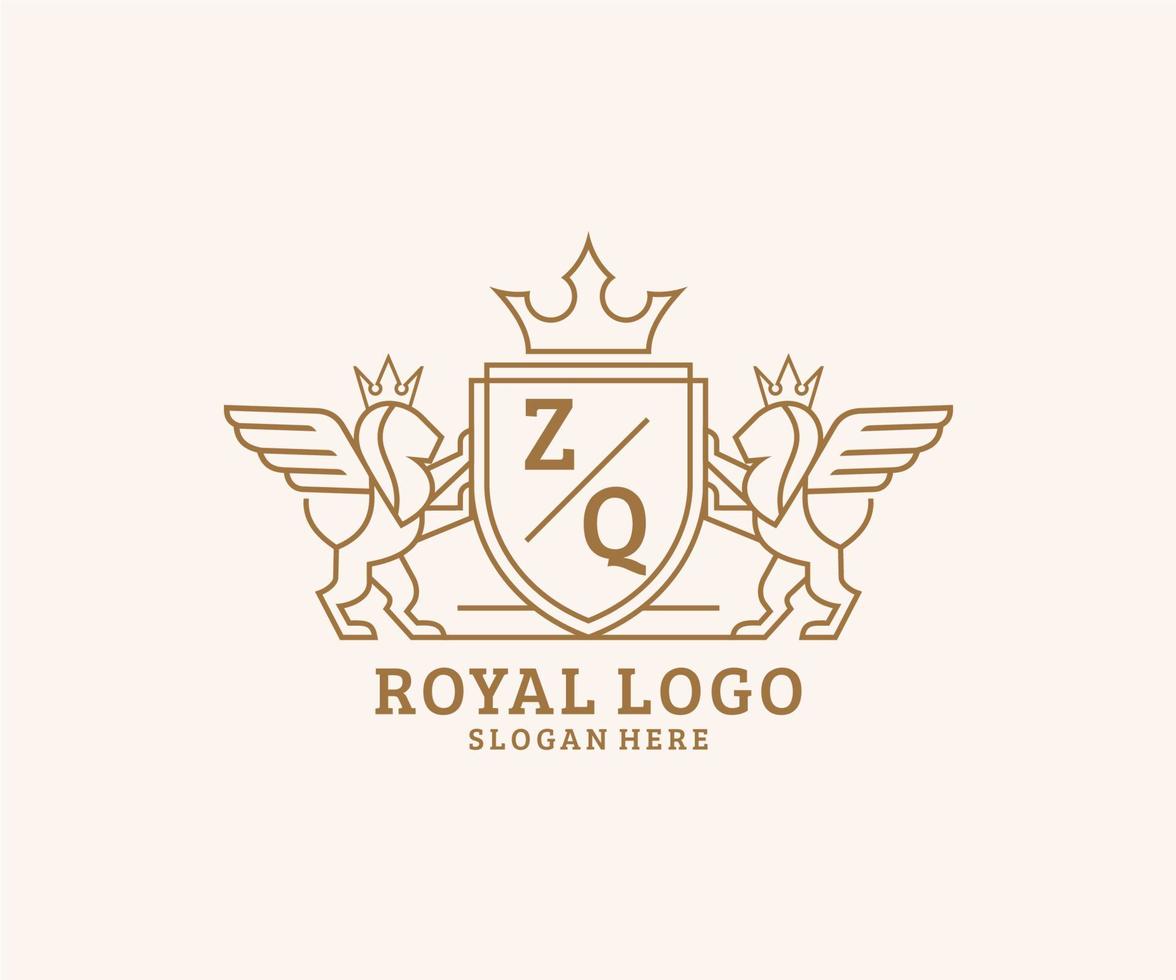 Initiale zq Brief Löwe königlich Luxus heraldisch, Wappen Logo Vorlage im Vektor Kunst zum Restaurant, Königtum, Boutique, Cafe, Hotel, heraldisch, Schmuck, Mode und andere Vektor Illustration.