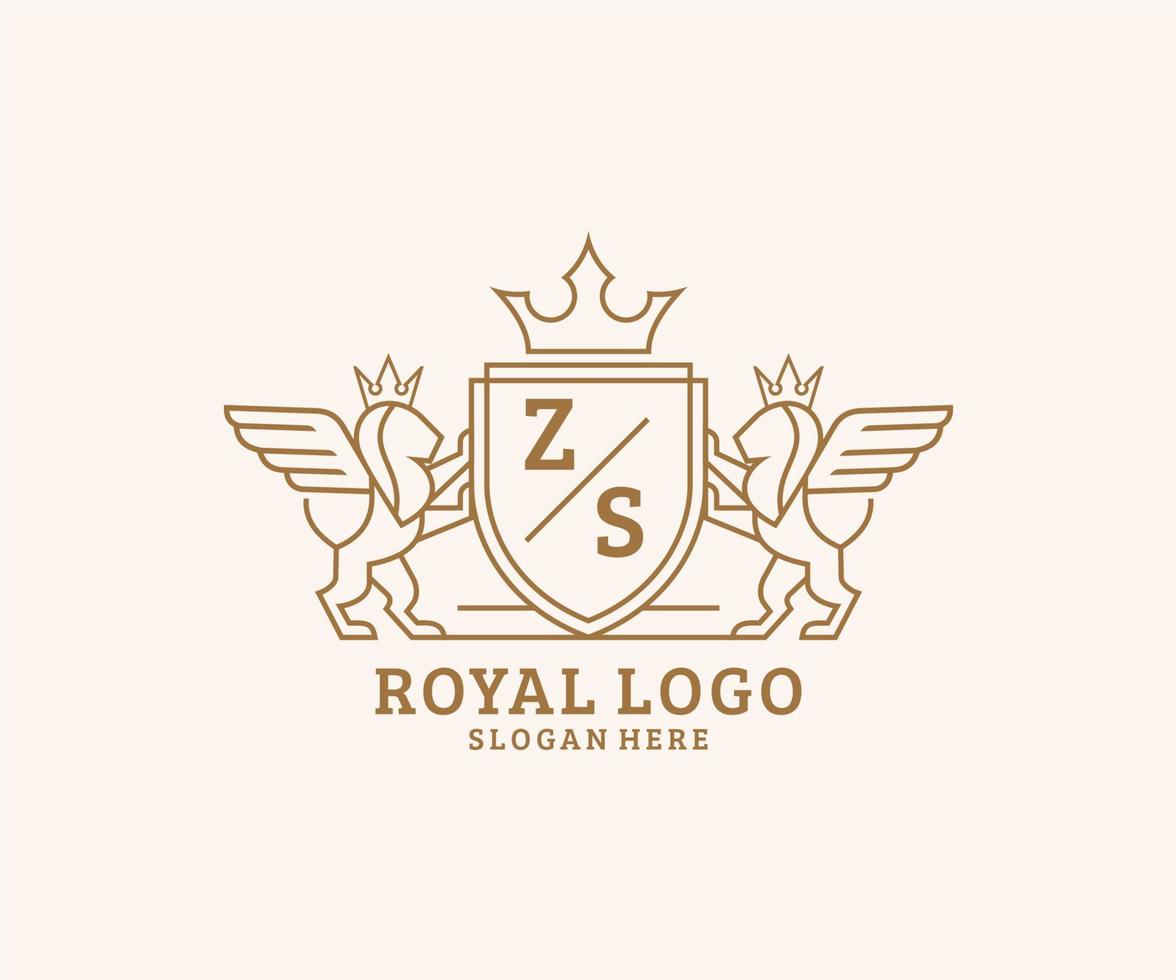 första zs brev lejon kunglig lyx heraldisk, vapen logotyp mall i vektor konst för restaurang, kungligheter, boutique, Kafé, hotell, heraldisk, Smycken, mode och Övrig vektor illustration.