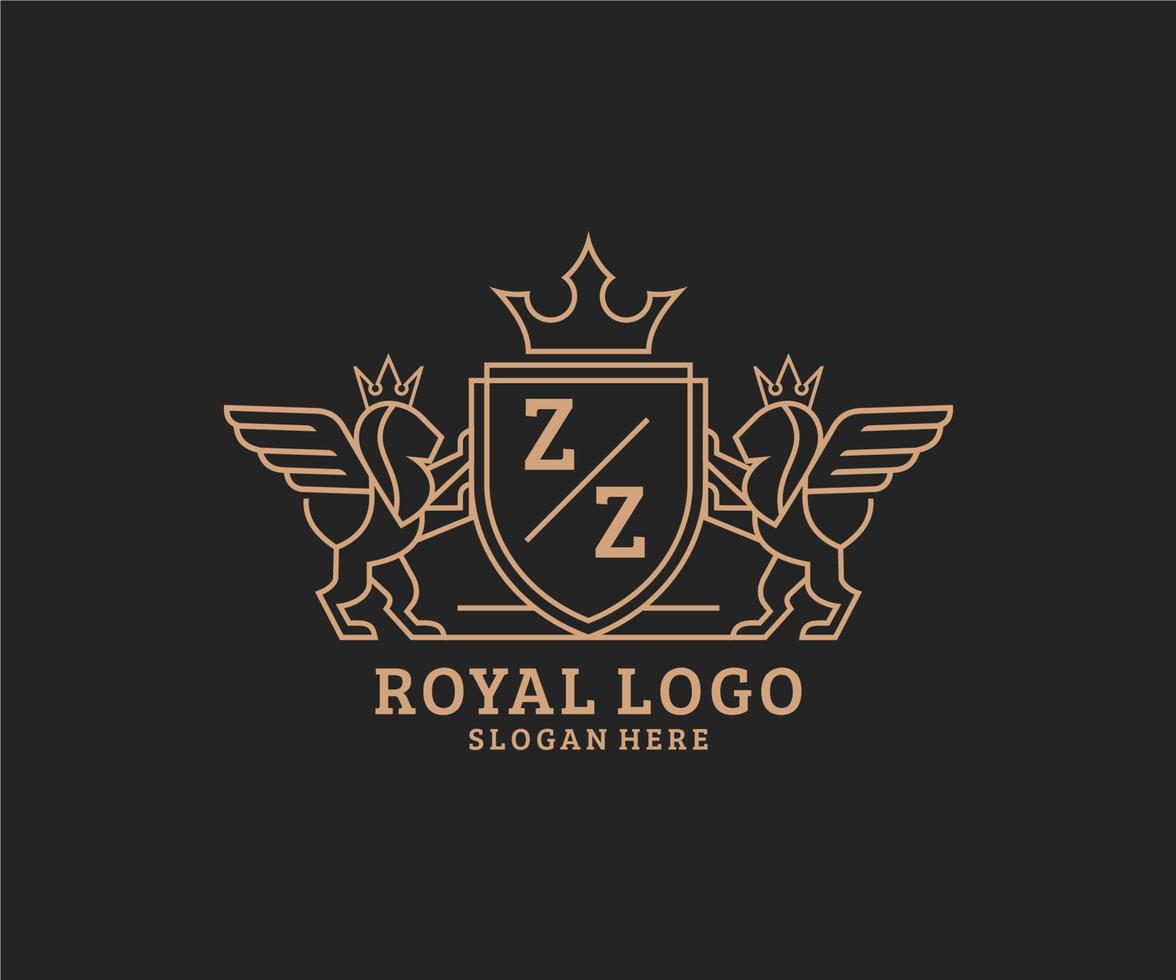 första zz brev lejon kunglig lyx heraldisk, vapen logotyp mall i vektor konst för restaurang, kungligheter, boutique, Kafé, hotell, heraldisk, Smycken, mode och Övrig vektor illustration.