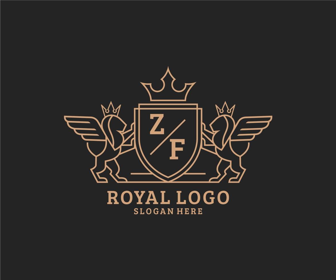 första zf brev lejon kunglig lyx heraldisk, vapen logotyp mall i vektor konst för restaurang, kungligheter, boutique, Kafé, hotell, heraldisk, Smycken, mode och Övrig vektor illustration.