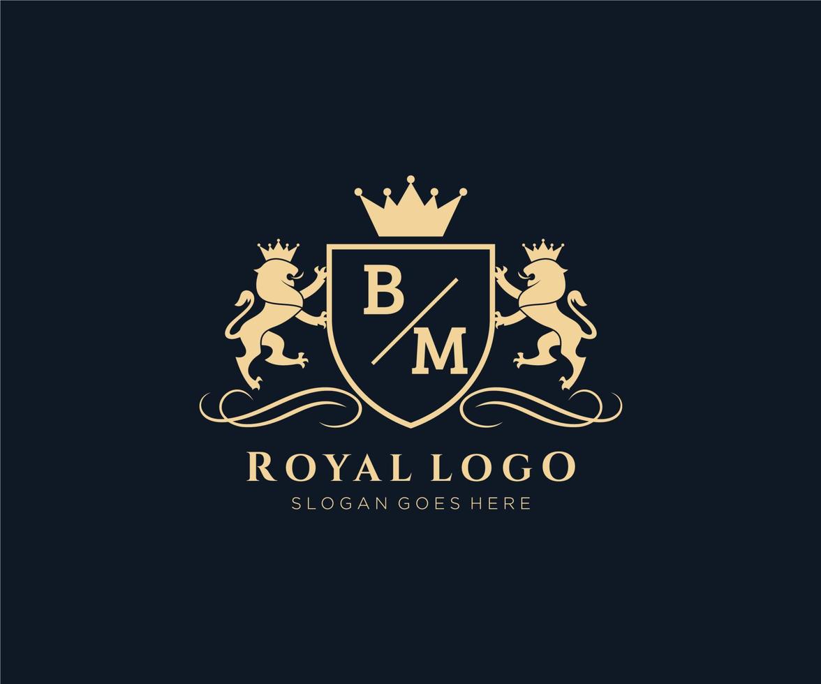 första bm brev lejon kunglig lyx heraldisk, vapen logotyp mall i vektor konst för restaurang, kungligheter, boutique, Kafé, hotell, heraldisk, Smycken, mode och Övrig vektor illustration.