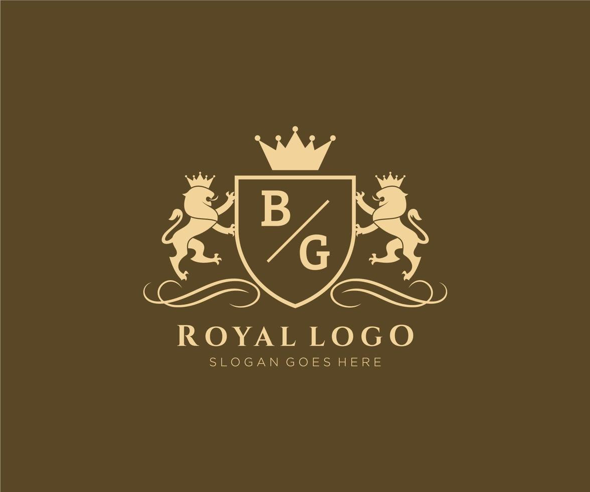 första bg brev lejon kunglig lyx heraldisk, vapen logotyp mall i vektor konst för restaurang, kungligheter, boutique, Kafé, hotell, heraldisk, Smycken, mode och Övrig vektor illustration.