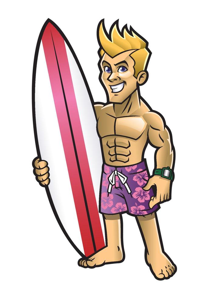 Karikatur von Surfer Pose mit das Surfbrett vektor