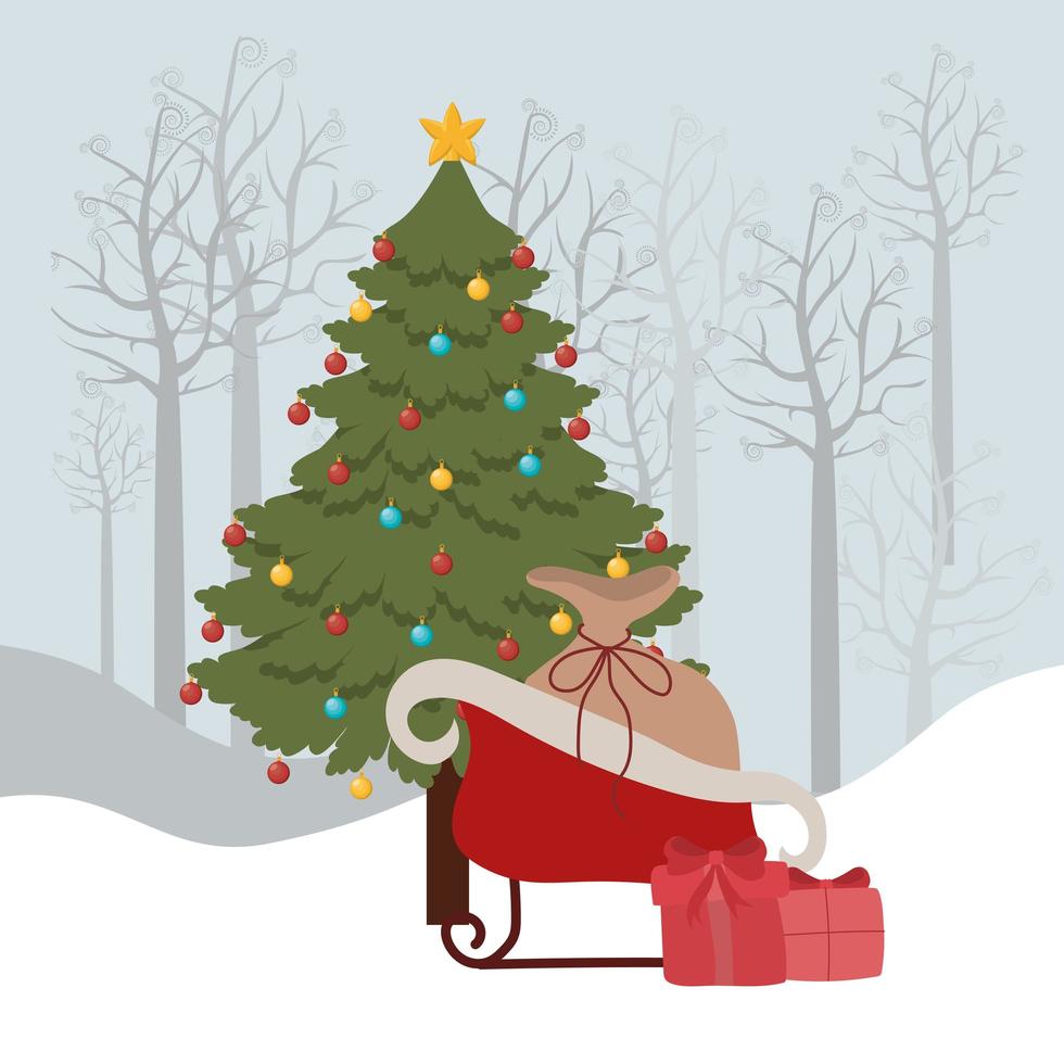 Frohe Weihnachtskarte mit Schlitten und Geschenken vektor