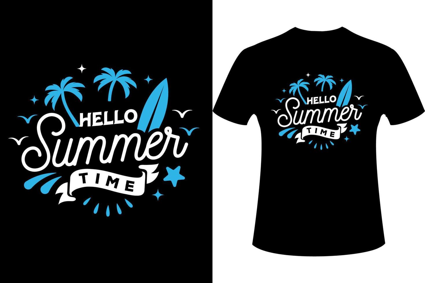 Hej sommar tid t-shirt design med handflatan träd silhuetter, typografi, skriva ut, vektor illustration. global swatches.