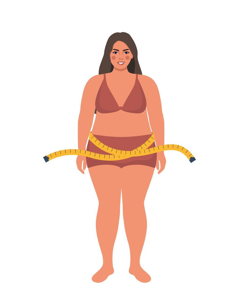 plus storlek kvinna i underkläder och mätning tejp. oversize fet flicka. fetma vikt kontrollera begrepp. övervikt kvinna tecknad serie karaktär full längd. vektor illustration.