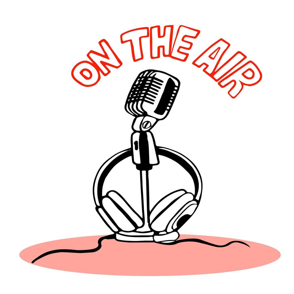 retro stil mikrofon på de kuggstång och hörlurar. podcast, röst inspelning för radio sändning, med på de luft. karaoke fest. klotter hand teckning. 1950 stil. vektor