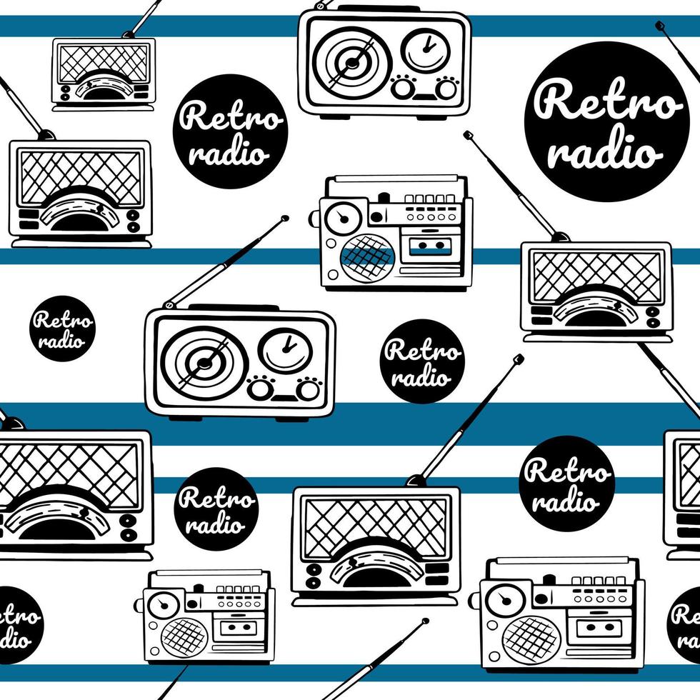 mönster retro radio i skiss stil, klotter med blå Ränder. årgång antik radio. gammal mottagare med antenn fångster radio vågor. lämplig för flygblad, klistermärken, reklam Produkter. vektor