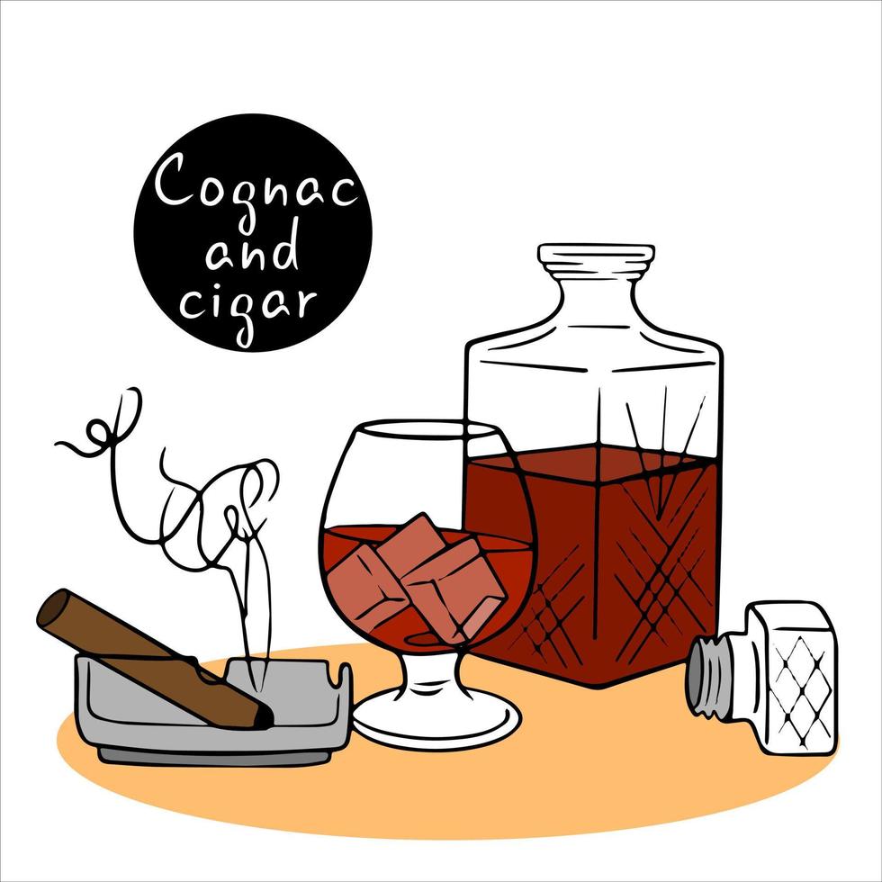 cognac och cigarr. glas och flaska av elit cognac, whisky med cigarr tillverkad från de möjlig tobak. glas av whisky med cigarr och ett askkopp. rökning Produkter. begrepp av lyxig livsstil. vektor