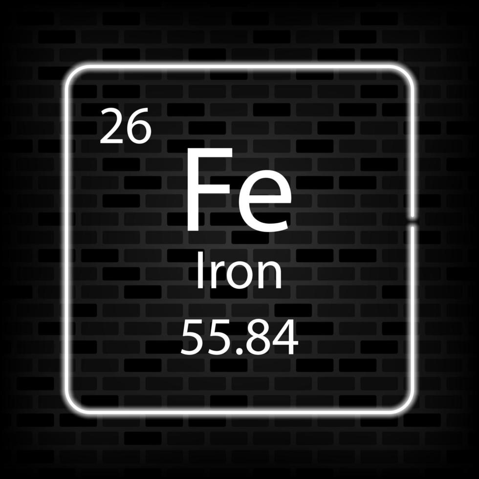 järn neon symbol. kemisk element av de periodisk tabell. vektor illustration.