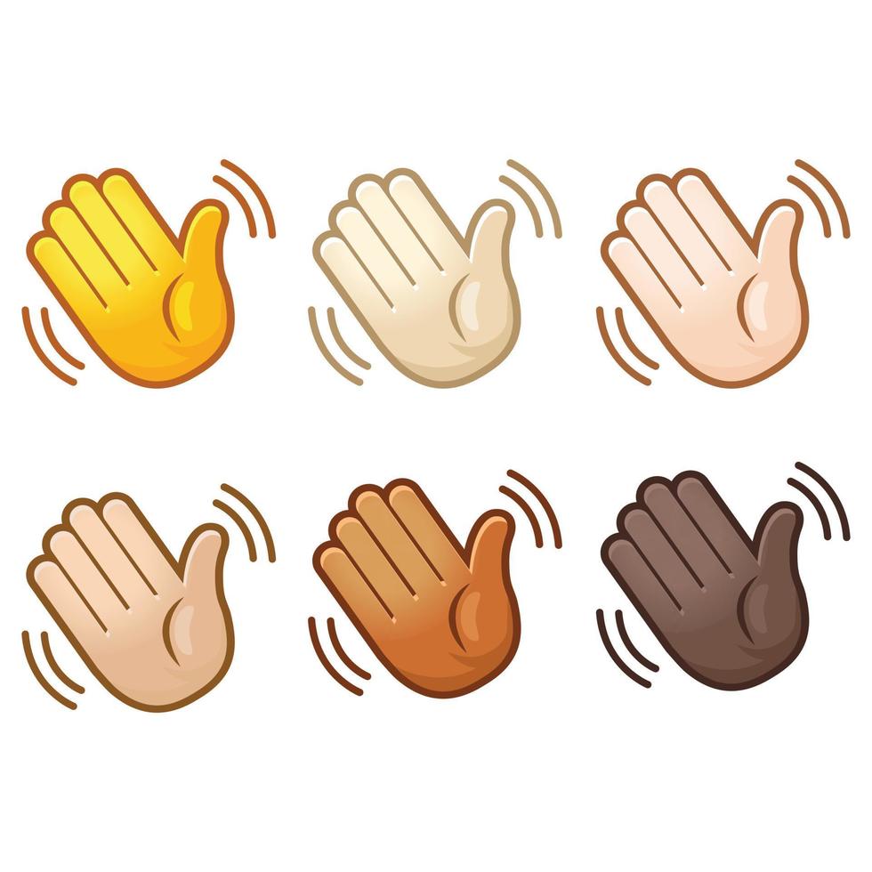 emotionell vinka hand Hej emoji hand uppsättning av olika hud toner söt tecknad serie stiliserade vektor tecknad serie illustration ikoner. isolerat på vit bakgrund.