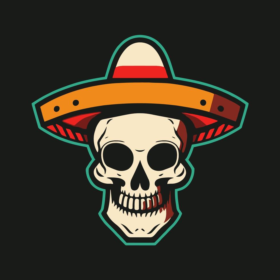 Mexikaner Schädel mit Sombrero Hut. Vektor Illustration auf schwarz Hintergrund.