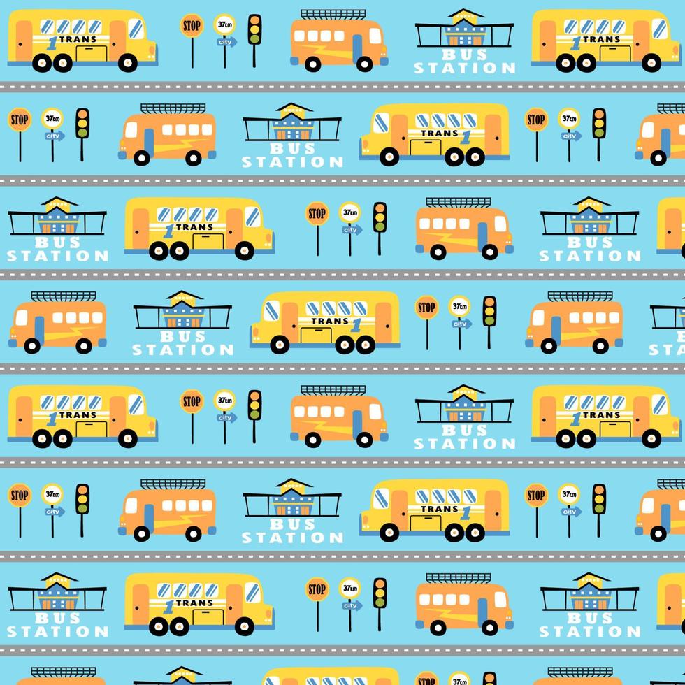 vektor tecknad serie mönster av bussar med buss station och väg tecken