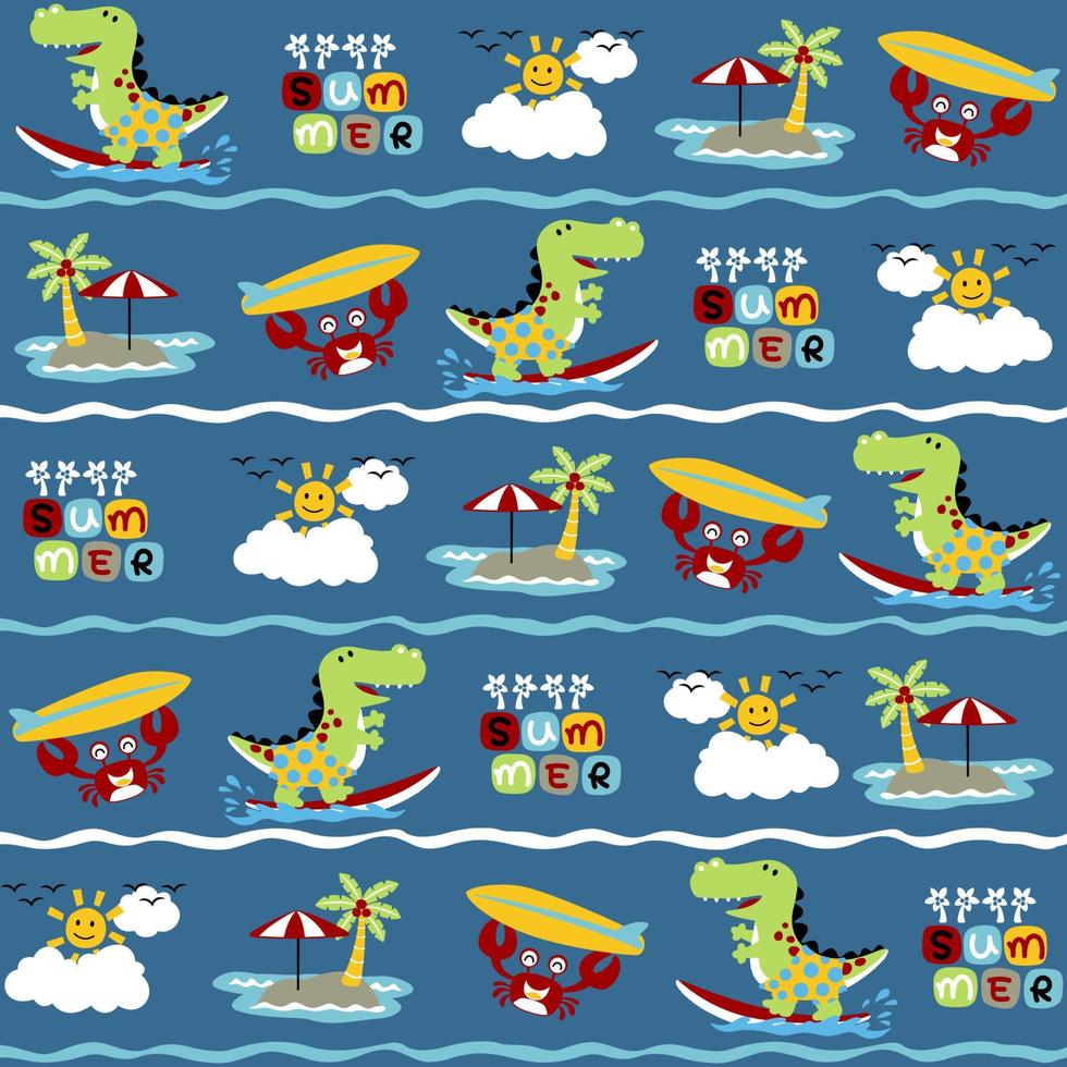vektor tecknad serie sömlös mönster, söt dinosaurie med krabba surfing i de strand, sommar strand semester element