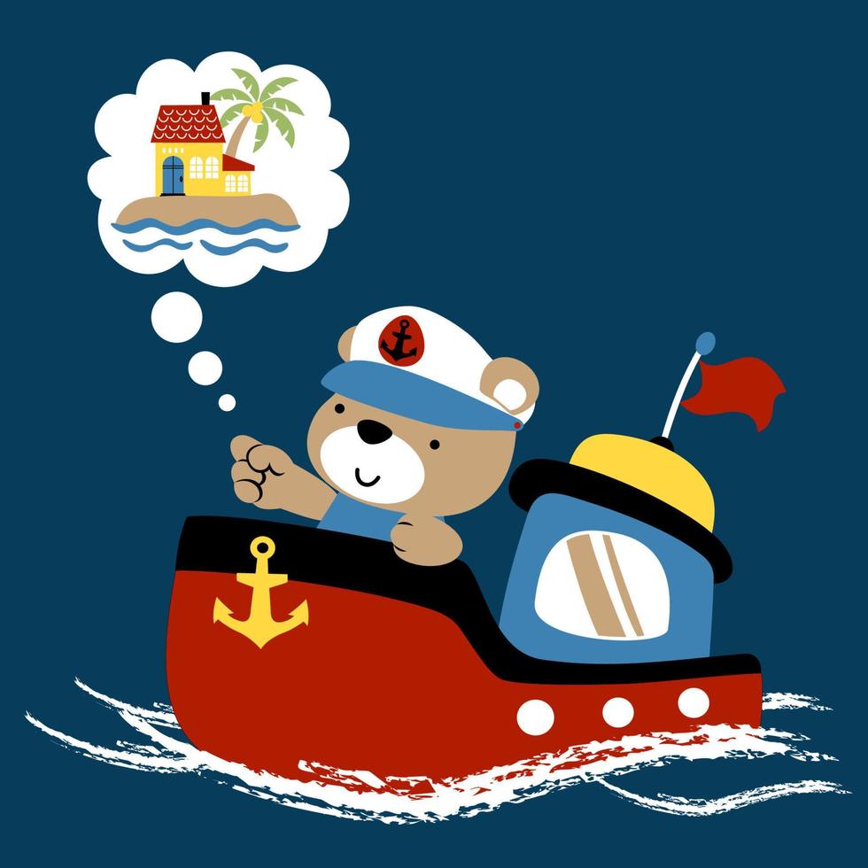söt Björn i sjöman kostym på liten båt gående Hem, vektor tecknad serie illustration
