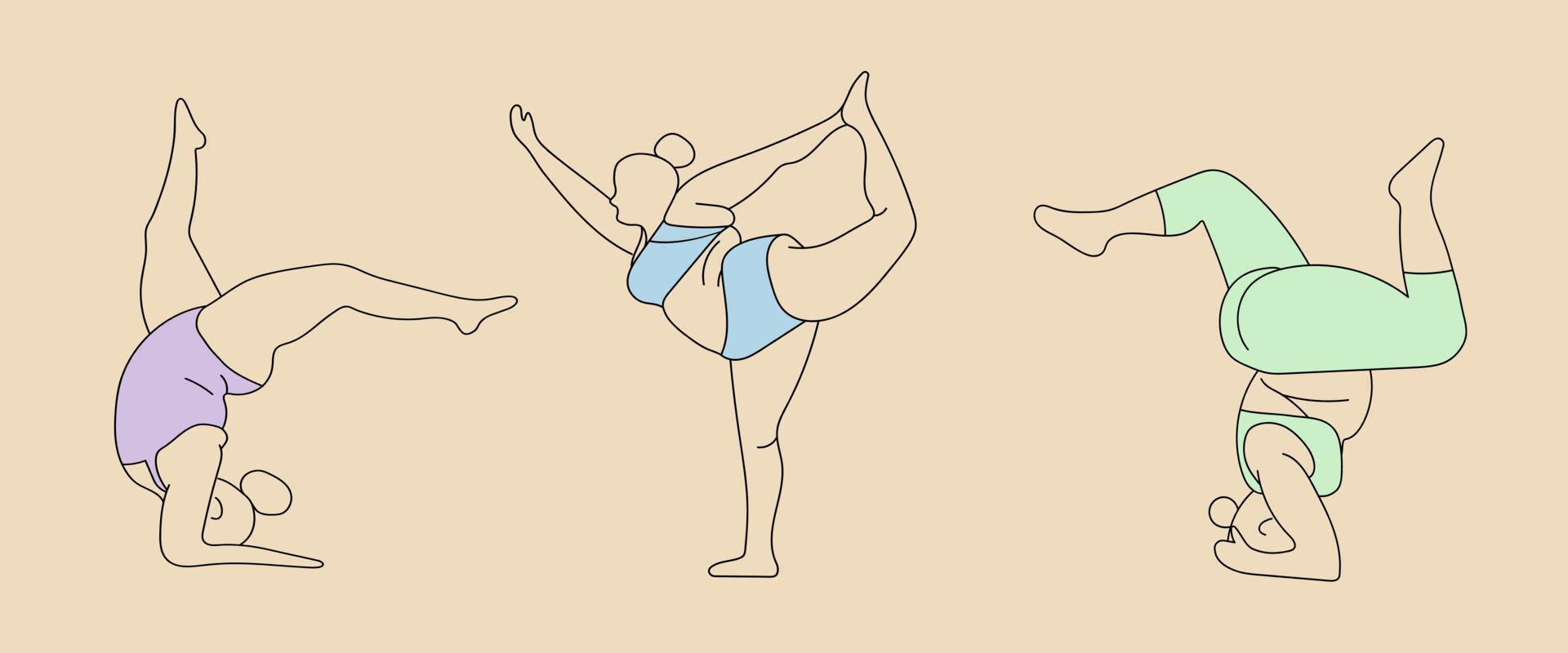 kropp positiv yoga uppsättning av flickor i annorlunda asanas vektor