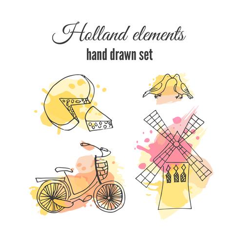 Vektor holland dekorativa element. Nederländska illustrationer. Amsterdam cykel och väderkvarn.