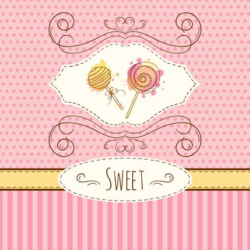 Lollipop illustration. Vektor handgjorda kort med vattenfärg stänk. Söta polka prickar och ränder design. Inbjudningskort.