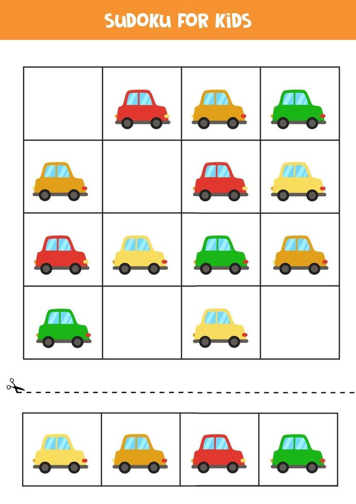 sudoku-spel för barn med tecknade färgglada bilar vektor