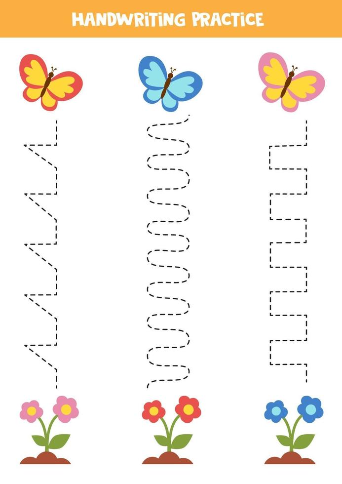 Verfolge die Linien mit niedlichen Schmetterlingen. Schreiberfahrung. vektor
