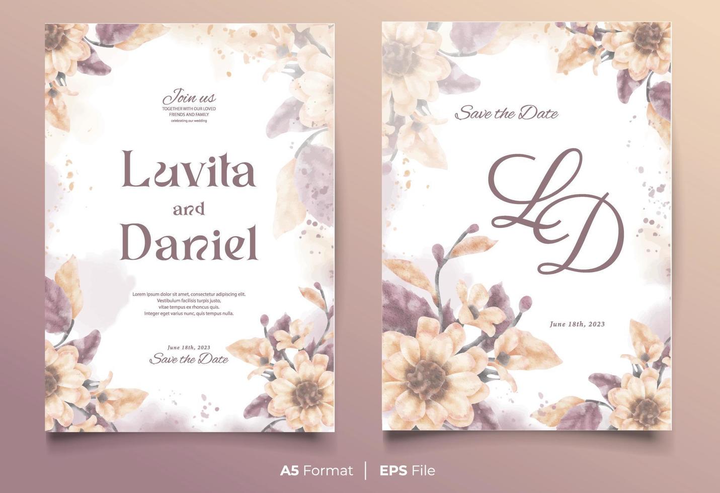 Aquarell Hochzeit Einladung Vorlage mit braun und lila Blume Ornament vektor