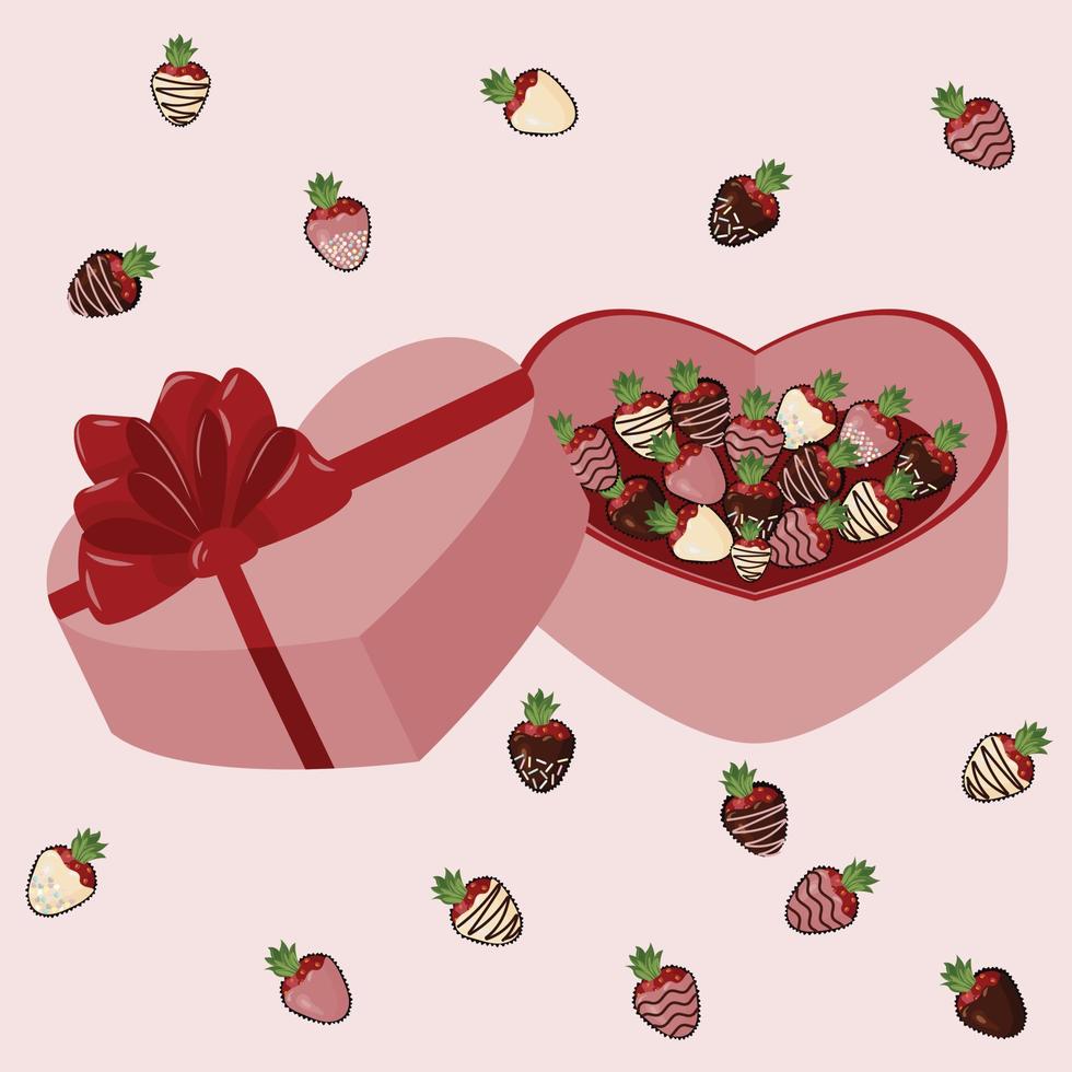 Schokolade bedeckt Erdbeeren im ein Herz geformt Rosa Geschenk Kasten. Fondue Nachtisch. nahtlos Muster. Vektor Illustration.