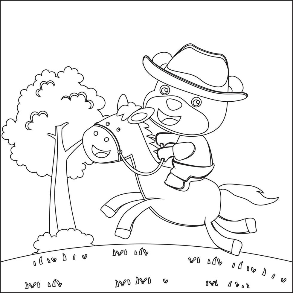 Vektor Karikatur Illustration von Tier das Cowboy Reiten ein braun Pferd, modisch Kinder Grafik mit Linie Kunst Design Hand Zeichnung skizzieren Vektor Illustration zum Erwachsene und Kinder Färbung Buch.