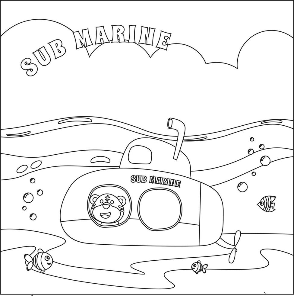 u-båt med söt sjöman under hav, med tecknad serie stil barnslig design för barn aktivitet färg bok eller sida. vektor