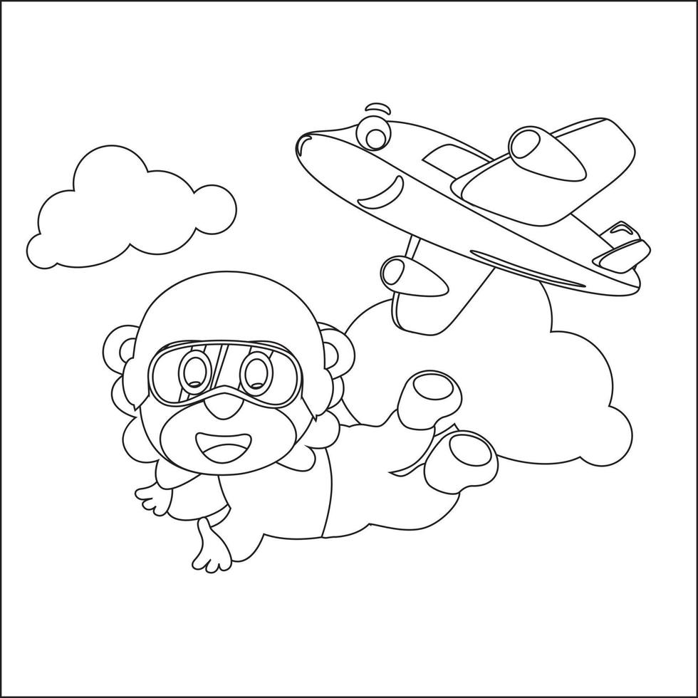 Vektor Karikatur Illustration von Fallschirmspringen mit wenig Tier, Flugzeug und Wolken, mit Karikatur Stil kindisch Design zum Kinder Aktivität Färbung Buch oder Buchseite.