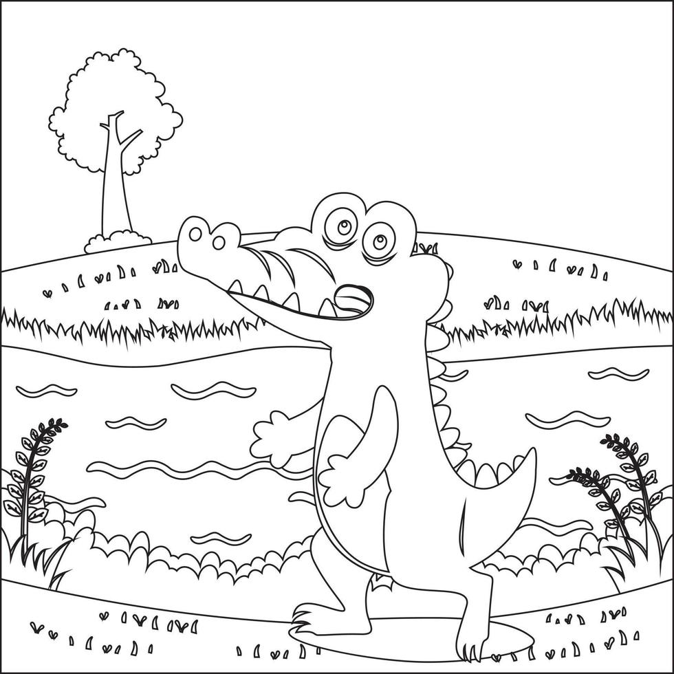 krokodil färg sidor med linje konst design hand teckning skiss vektor illustration för vuxen och barn färg bok