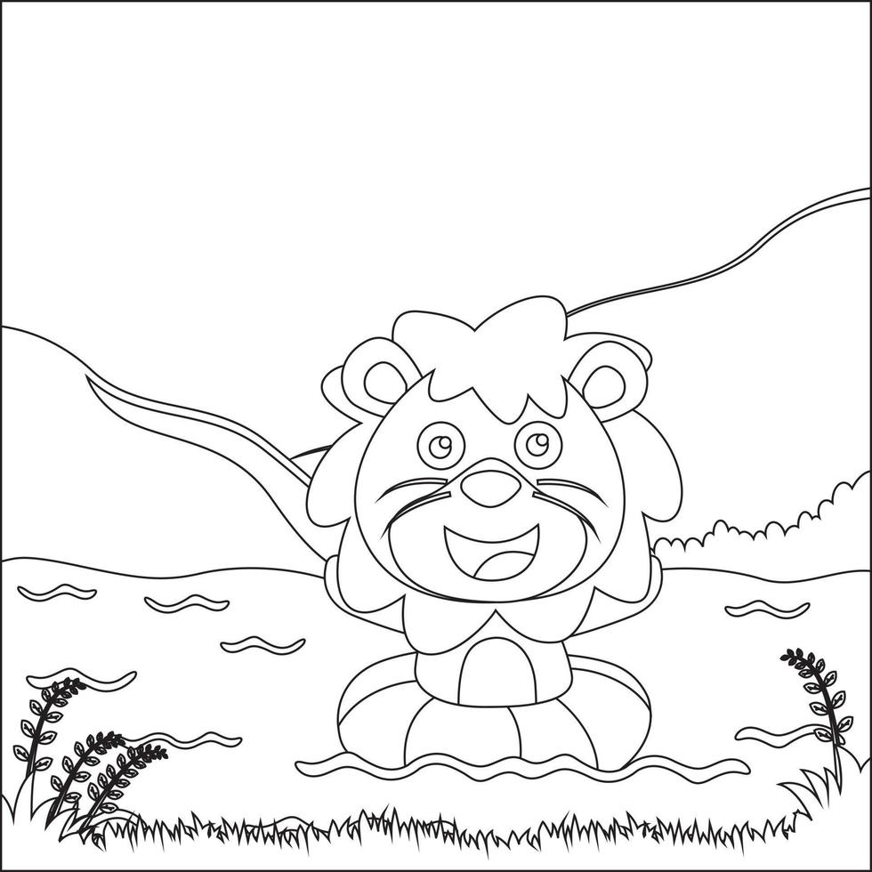 süß Löwe ist Schwimmen mit ein Boje. Tier Karikatur Konzept isoliert. modisch Kinder Grafik mit Linie Kunst Design Hand Zeichnung skizzieren Vektor Illustration zum Erwachsene und Kinder Färbung Buch.