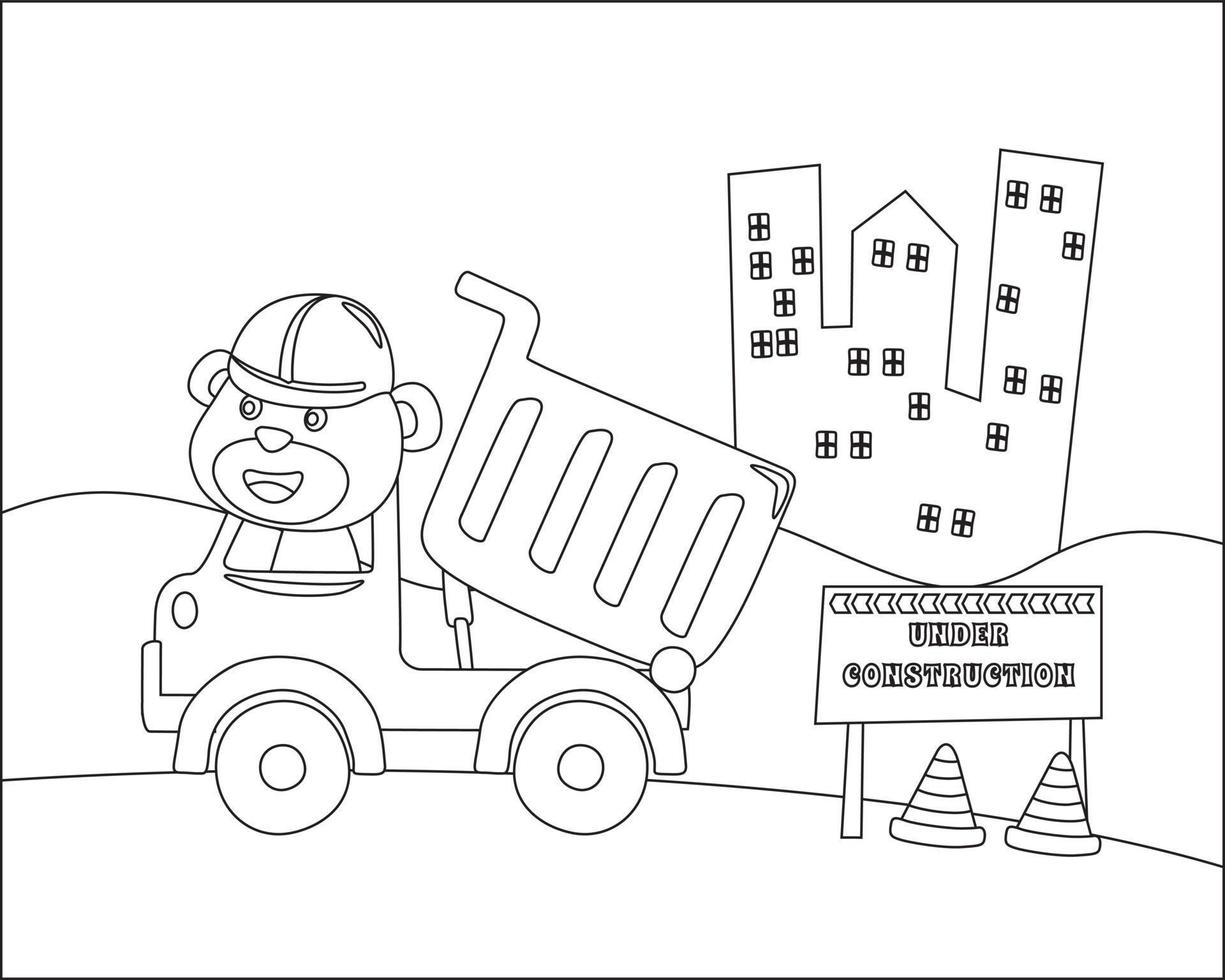 Vektor Illustration von Bau Fahrzeug mit süß wenig Tier Treiber. Karikatur isoliert Vektor Illustration, kreativ Vektor kindisch Design zum Kinder Aktivität Färbung Buch oder Buchseite.