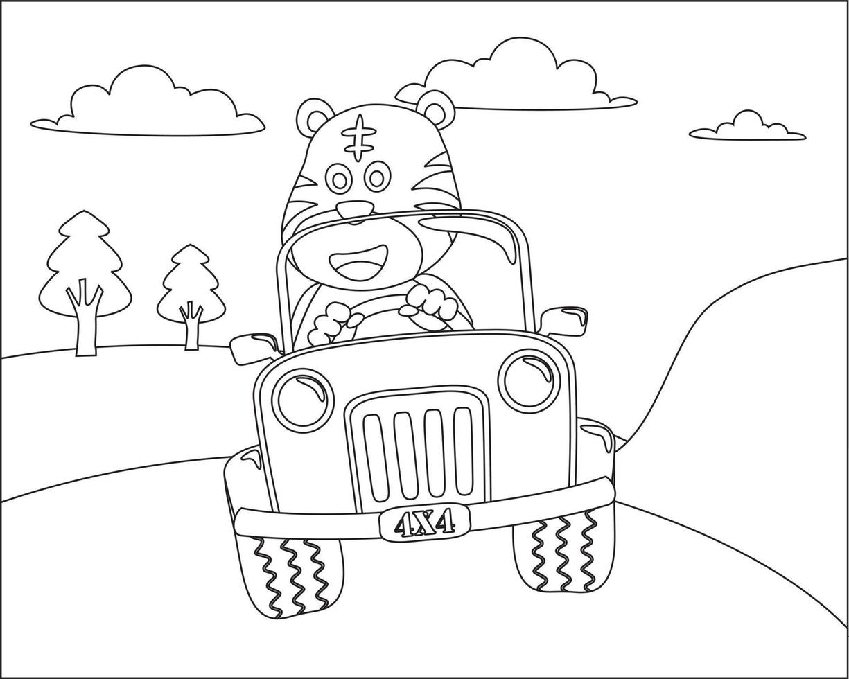 süß Tier Karikatur haben Spaß Fahren ein aus Straße Auto im Berg auf sonnig Tag. Karikatur isoliert Vektor Illustration, kreativ Vektor kindisch Design zum Kinder Aktivität Färbung Buch oder Buchseite.