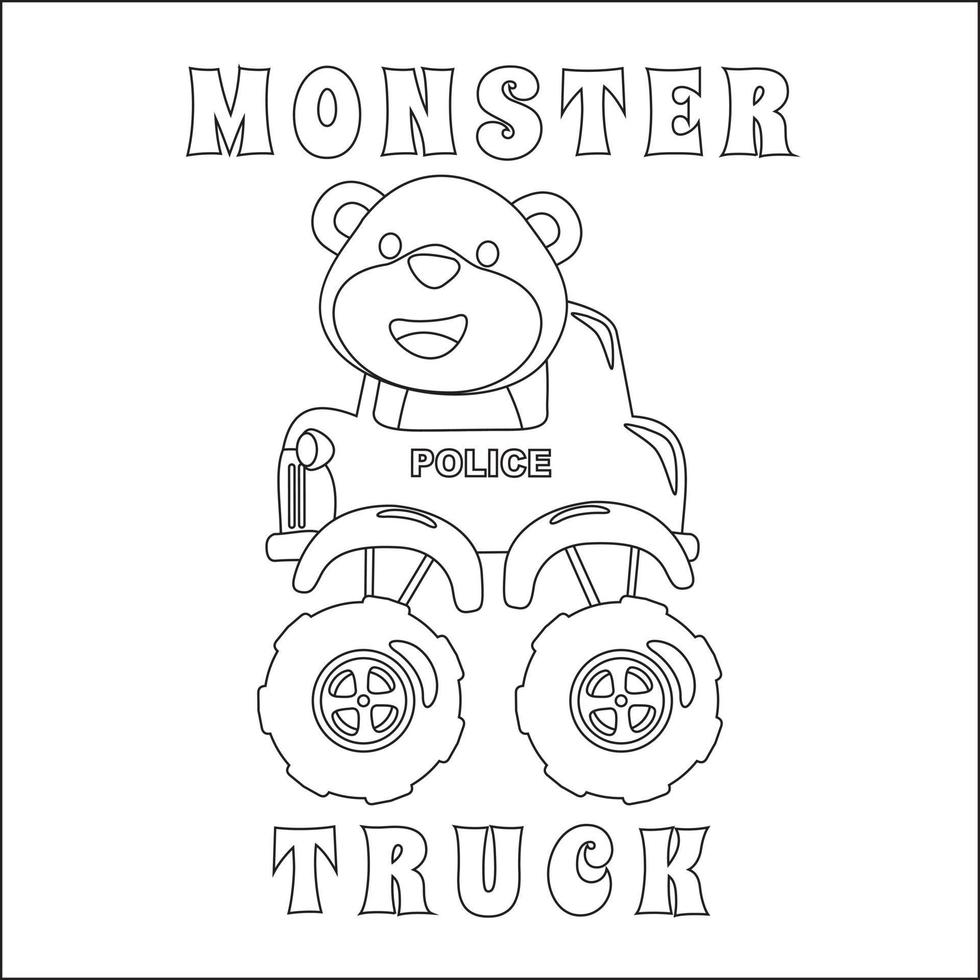 Vektor Illustration von Monster- LKW mit Tier Treiber. Karikatur isoliert Vektor Illustration, kreativ Vektor kindisch Design zum Kinder Aktivität Färbung Buch oder Buchseite.