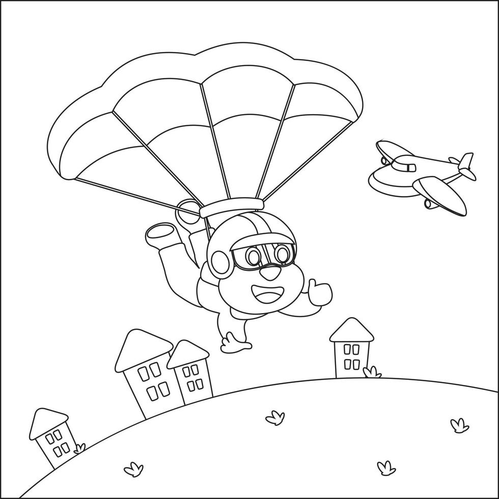 Vektor Karikatur Illustration von Fallschirmspringen mit wenig Tier, Flugzeug und Wolken, mit Karikatur Stil kindisch Design zum Kinder Aktivität Färbung Buch oder Buchseite.