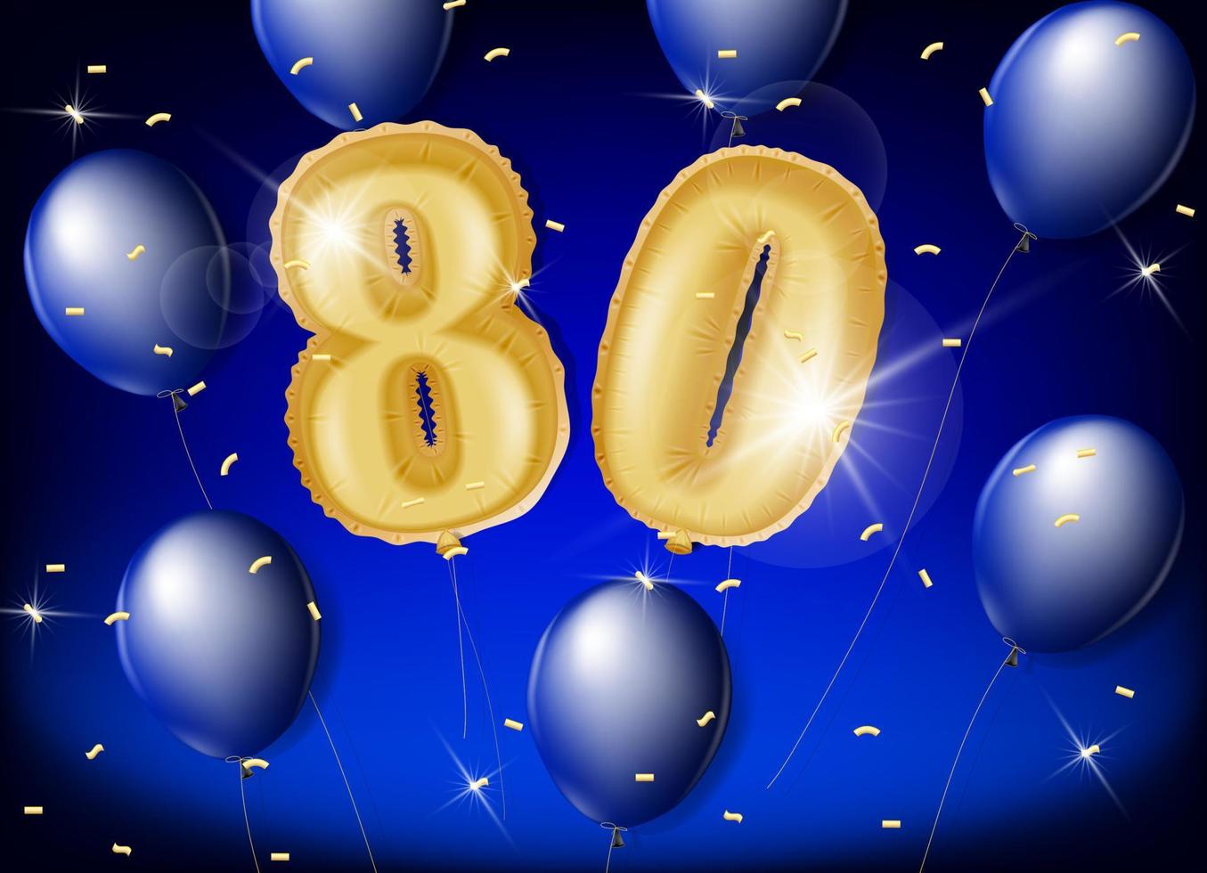 feiern 80 Jahre mit Gold und Blau Luftballons und funkeln Konfetti auf ein Blau Hintergrund. 3d Vektor Design zum Feierlichkeiten, Einladung Karten und Gruß Karten.