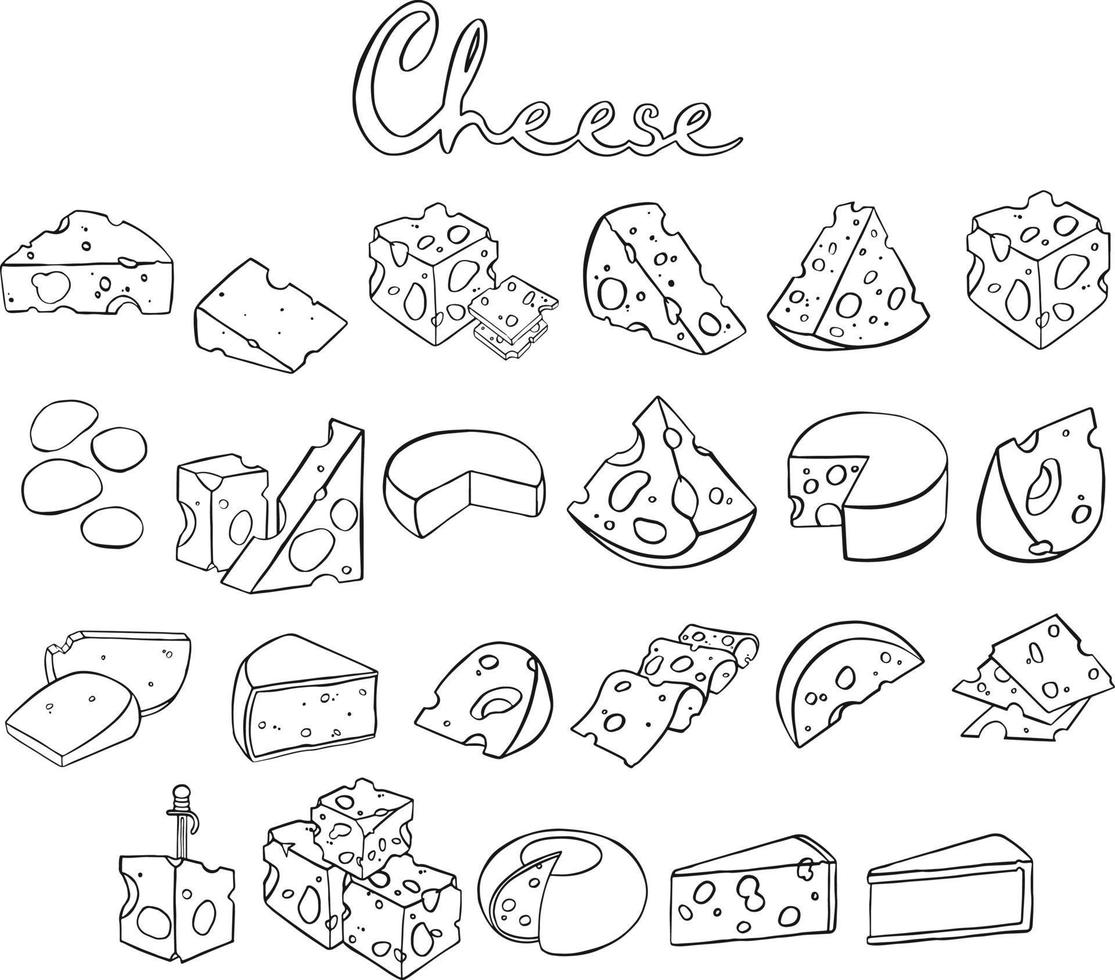 Käse isoliert auf ein Weiß Hintergrund, Hand gezeichnet Käse Gliederung Vektor Illustration. Käse skizzieren, Gekritzel Sammlung, einstellen von Käse Symbole.