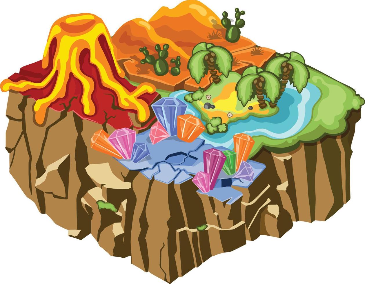 tropisk naturlig landskap isometrisk spel mall, berg, vulkaner, vattenfall. vektor illustration