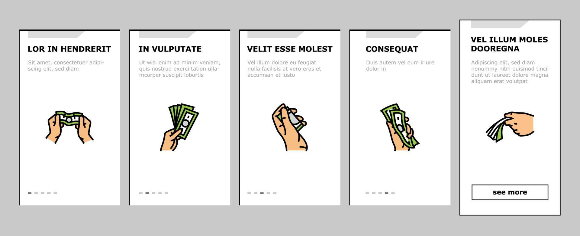 Geld Kasse Zahlung Dollar Finanzen Onboarding Symbole einstellen Vektor