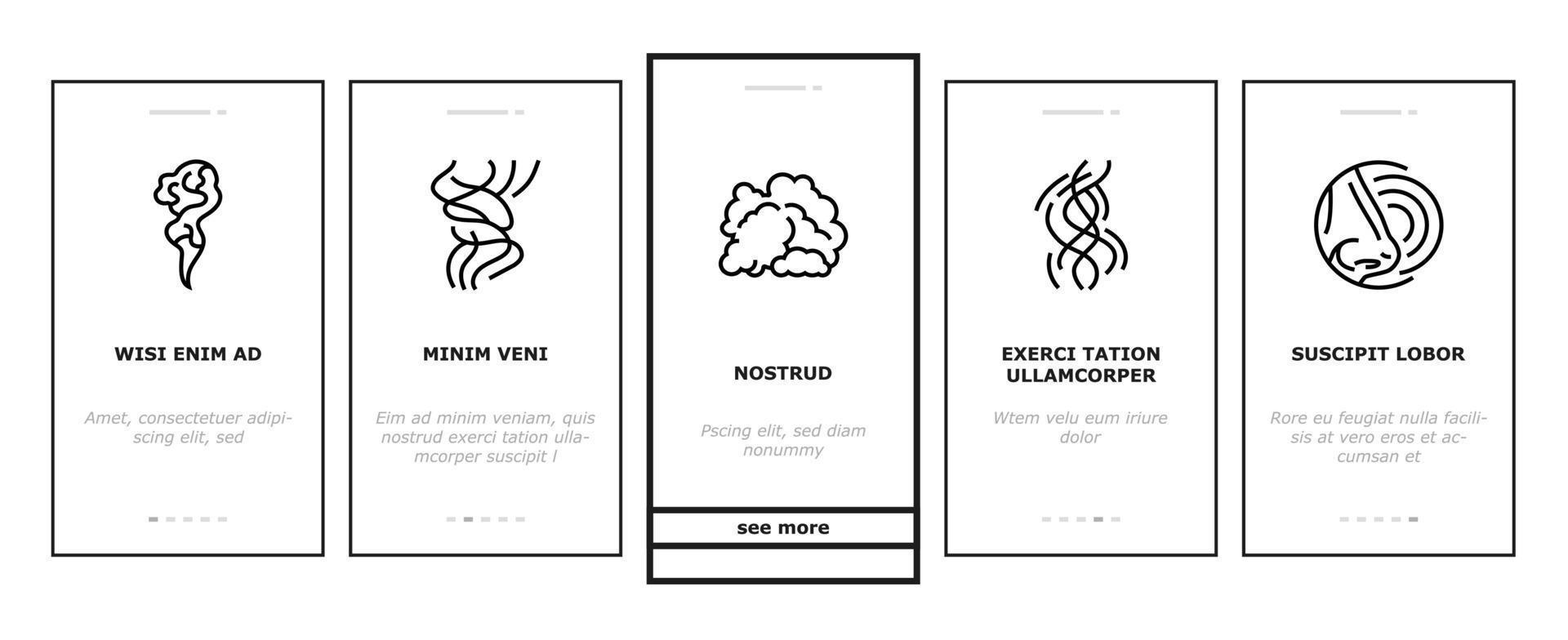 Geruch Rauch Gas Nase Aroma Onboarding Symbole einstellen Vektor