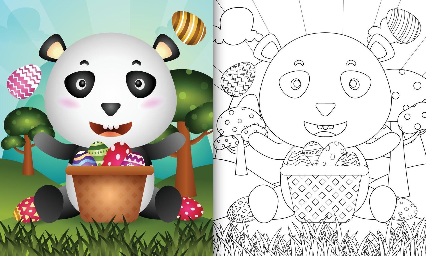 Malbuch für Kinder unter dem Motto "Happy Easter Day" mit Charakterillustration eines niedlichen Pandas im Eimerei vektor