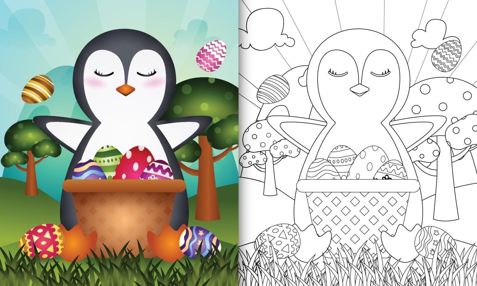 Malbuch für Kinder themenorientierten glücklichen Ostertag mit Charakterillustration eines niedlichen Pinguins im Eimerei vektor