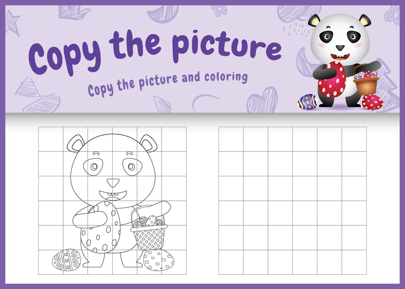 kopiera bilden barnlek och målarbok påsk med en söt panda som håller hinkägget och påskägget vektor
